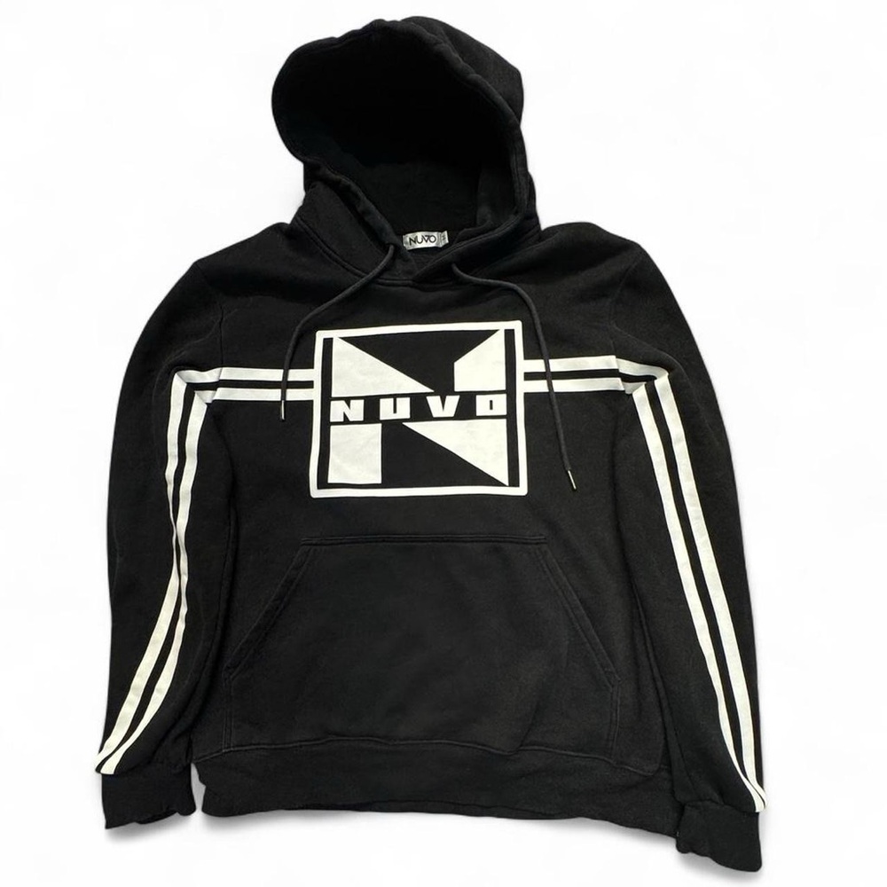 Nuvo Black Pullover Hoodie With White Stripe Design & Logo Graphic Medium BK37